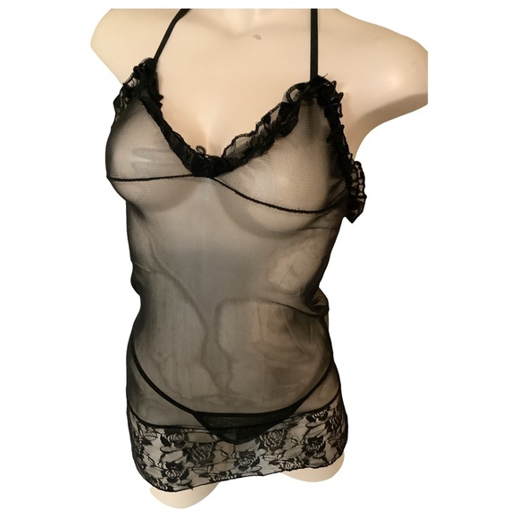 Lingerie Size S/M Black Mesh W/Lace Trim Matching G String. New With Tags. - Picture 2 of 7